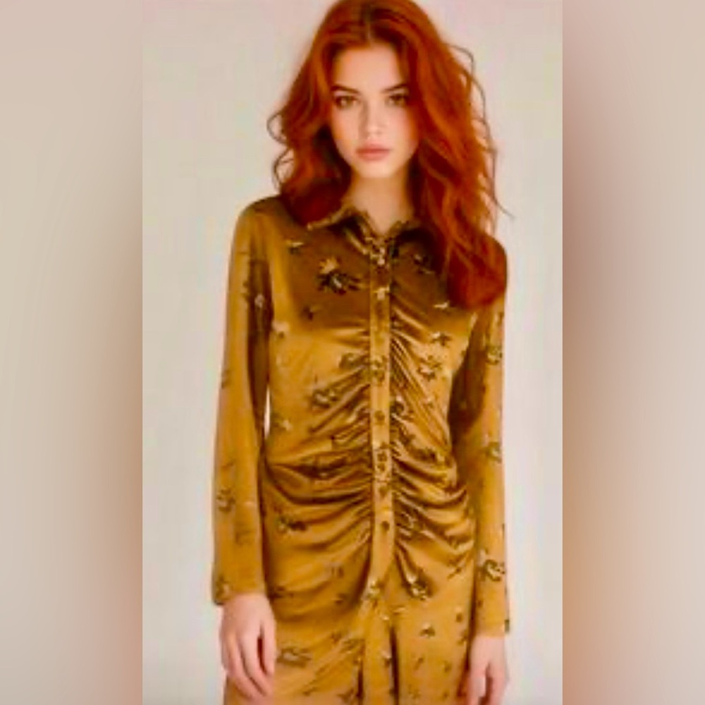 House of Harlow 1960 Long Sleeve Velvet Floral Ruched Button Front Mini Dress